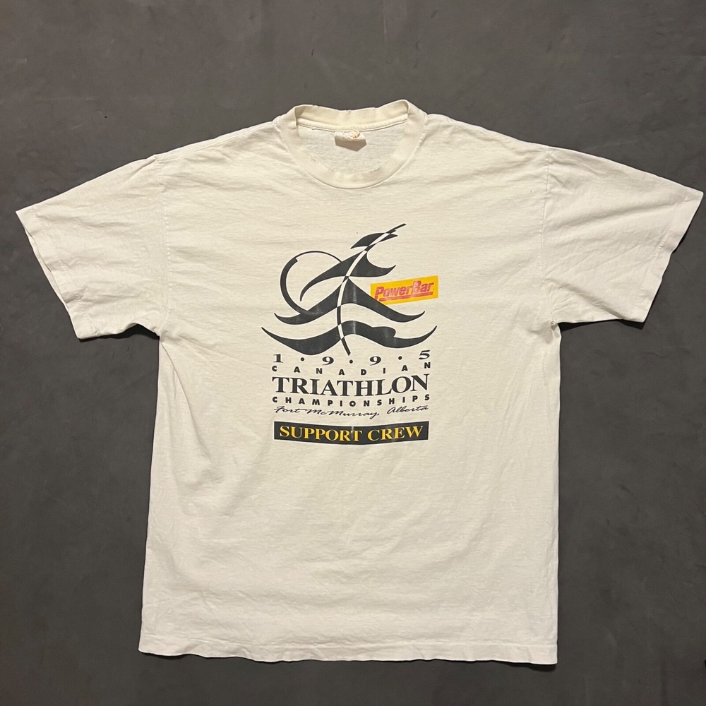 VTG 90s Triathlon Running T Shirt Mens L White 2 Sided Thrashed‎ Single Stitch